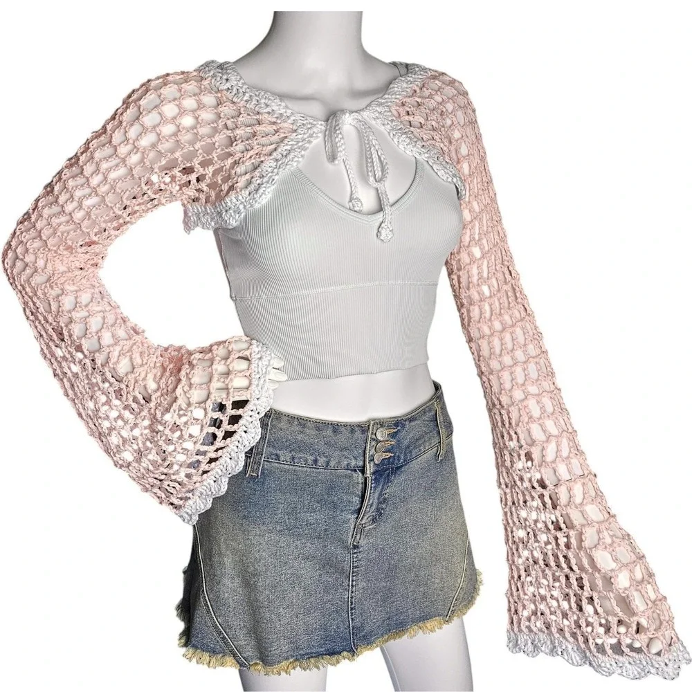 Handmade‎ Crochet Bell Sleeve Front Tie Summer Cardigan, Festival Bohemian Shrug